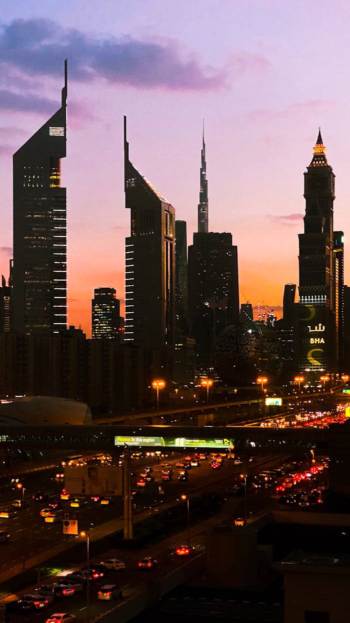 A captivating view of Dubai's skyline with skyscrapers during sunset.